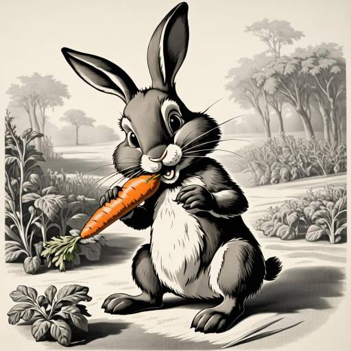 Anthropomorphic Rabbit Eating Carrot Lithograph