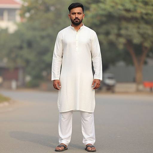Photograph of a bearded man with dark hair, wearing a white traditional long kurta and pants, standing on a sunlit street, with blurred