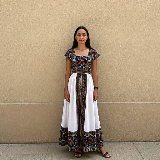 Photograph of a young woman with long black hair, wearing a black and white patterned dress with floral details, standing against a beige textured wall.