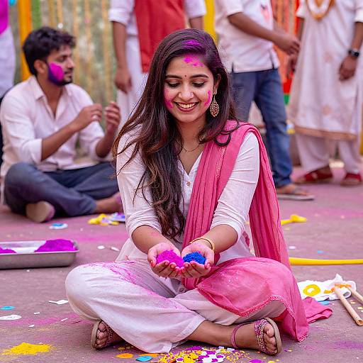 Joyful Woman Amidst Vibrant Holi Celebration