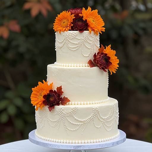 Photograph of a three-tiered white wedding cake adorned with orange and dark red flowers, pearl-like bead decorations, and pearl accents, set against a