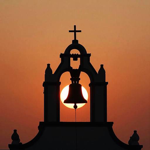 Silhouette of a church bell with cross, framed by an arch, against a vibrant orange sunset. Photograph.