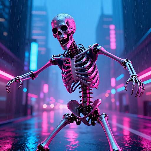 Photorealistic CGI of a glowing neon skeleton dancing in a rain-soaked, neon-lit city street, with vibrant pink, blue, and purple