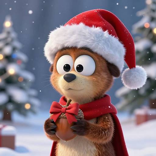 CGI cartoon otter wearing a Santa hat and red cape with bowtie, holding a small gift, in a snowy forest with blurred Christmas trees.