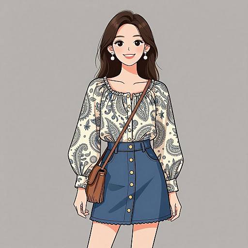 Digital anime-style drawing of a smiling young woman with long brown hair, wearing a white floral blouse, blue high-waisted skirt, brown crossbody