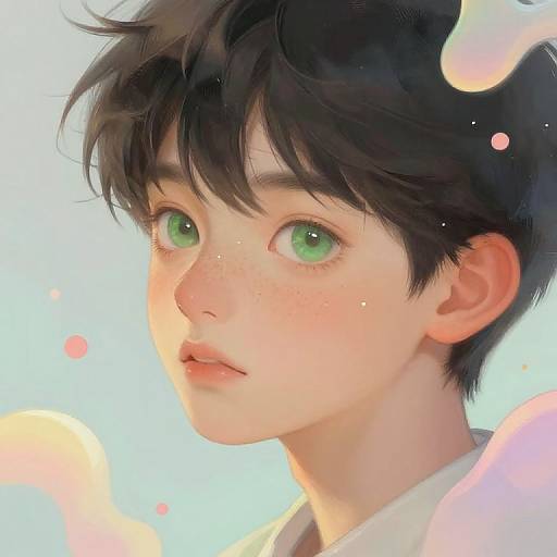 Digital anime-style portrait of a young boy with green eyes, black messy hair, freckles, and soft pink bubbles in a light blue background.