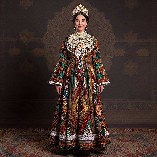 Photograph of a woman in an ornate, colorful traditional dress with intricate patterns, beaded necklace, and headpiece, standing against a dark,