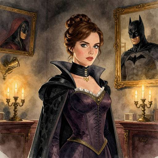Digital art of a pale-skinned woman in a dark gothic dress and cape, with two Batman portraits in a dimly lit room.
