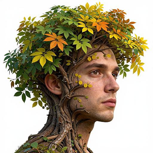 Digital artwork of a young man with a tree for a head, featuring green, yellow, and orange leaves, intertwined with brown branches and small yellow fruits