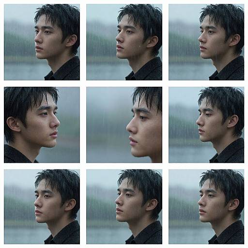 Photographic collage of a young Asian man with wet, dark hair in profile, wearing a dark coat, against a blurry, rainy background. Six identical