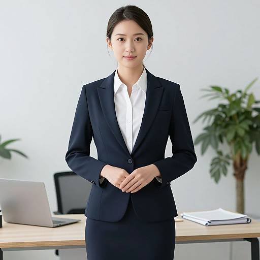 Photograph of a young Asian woman with straight black hair in a navy business suit and white shirt, standing in a modern office with a laptop, p