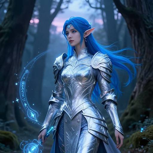 Digital art of a blue-haired, elf-like woman in silver armor with glowing blue magic in a misty forest, ethereal and mystical.