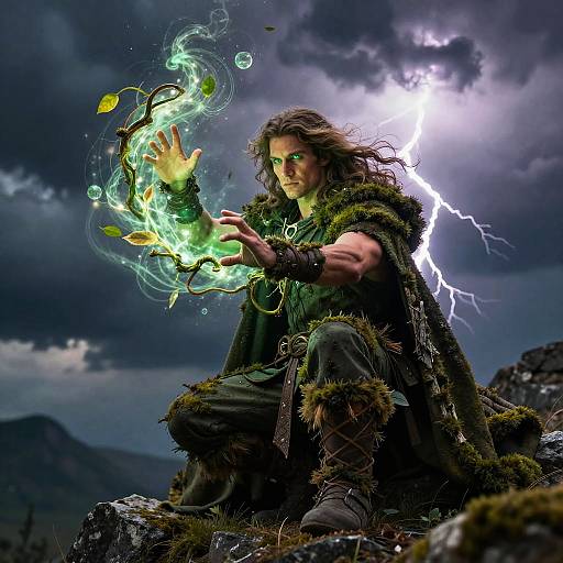 Magical warrior with glowing green eyes and long brown hair summons green energy on stormy mountain, lightning illuminates dark clouds.
