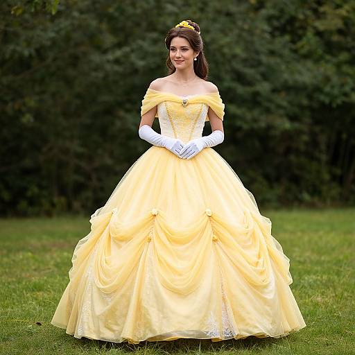 Photograph of a woman in a yellow off-shoulder ball gown with white gloves, yellow tiara, and dark hair, standing on green grass
