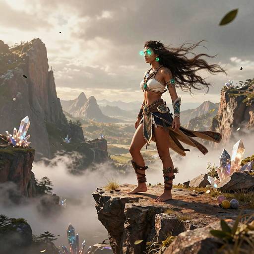 Digital fantasy artwork of a fierce, turquoise-eyed, long-haired warrior woman in tribal attire, standing on a rocky cliff, surrounded by glowing crystals and mist