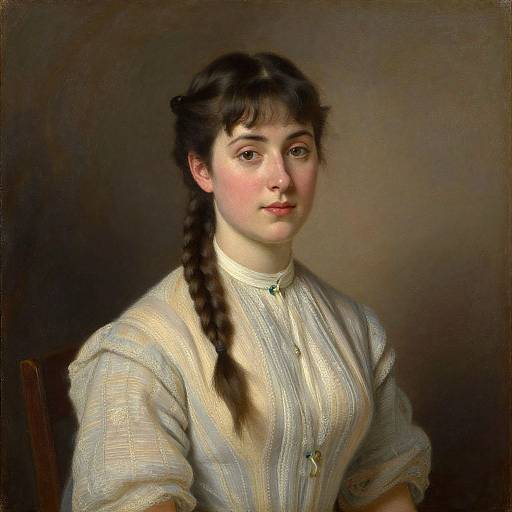 Oil painting of a young Caucasian woman with fair skin, dark braided hair, and a white, vertically-striped blouse, seated against a dark background.