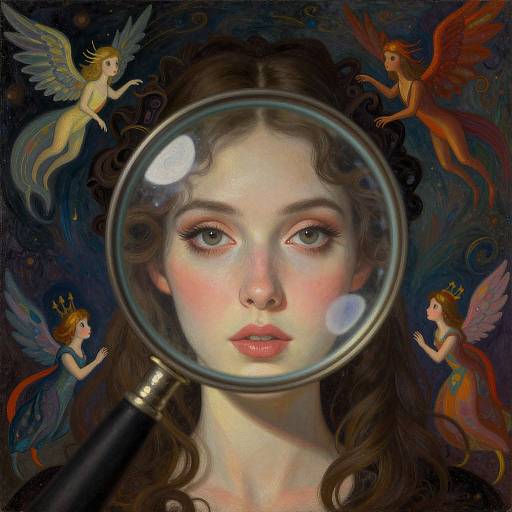 Digital painting: central close-up of a fair-skinned woman with blue eyes, brown hair, magnified by a glass lens, surrounded by four wing