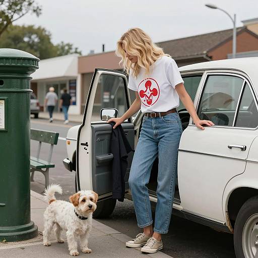 Blond Woman by Vintage Car and Dog