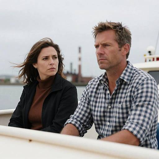 Photograph of a serious-looking man and woman with wind-blown hair, standing on a boat; man in checkered shirt, woman in black coat