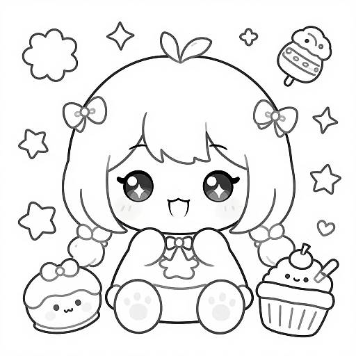 Chibi-style black and white digital drawing of a cute girl with twin pigtails, bow, and large eyes, surrounded by cupcakes and stars.