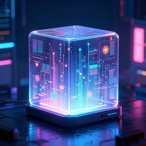 Neon-lit, transparent cube with colorful digital circuit patterns inside, glowing blue and purple, on a dark, futuristic surface. Photorealistic digital