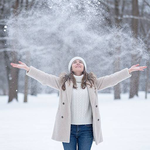 Photograph of a woman with long brown hair, white knit turtleneck, beige coat, and white hat, joyfully twirling in snow,