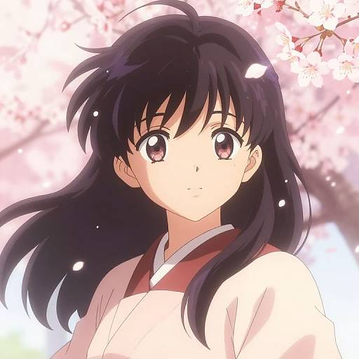 Anime-style digital illustration of a young girl with long black hair and large pink eyes, wearing a white and red kimono, surrounded by cherry blossoms