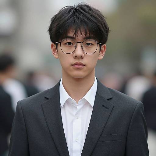 Photograph of an Asian young man with black hair, round glasses, wearing a black suit and white shirt, standing in a blurred urban background.
