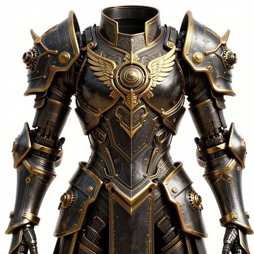 Photorealistic digital art of intricate black and gold medieval-style armored chest plate with winged emblem, detailed shoulder guards, and ornate patterns.