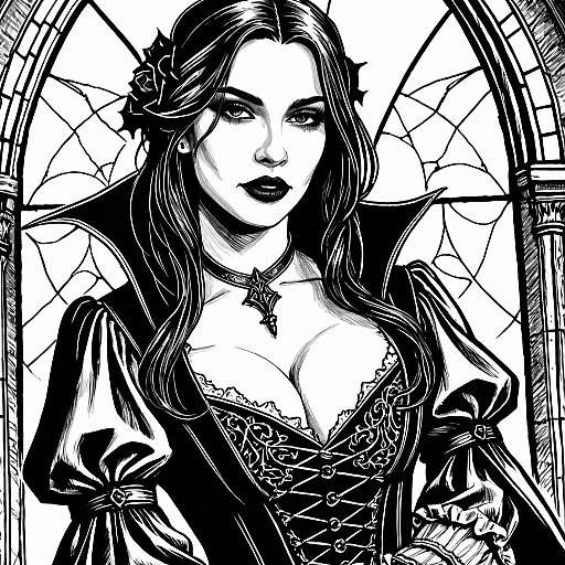 Gothic Female Vampire Ink Drawing
