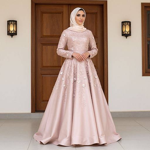 Photograph of a woman in a pale pink, long-sleeved, lace-embellished, satin gown and white hijab, standing in