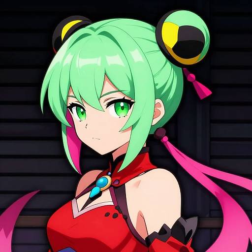 Anime-style digital illustration of a green-haired girl with bright green eyes, wearing a red dress with black and yellow accents, against a dark, striped background