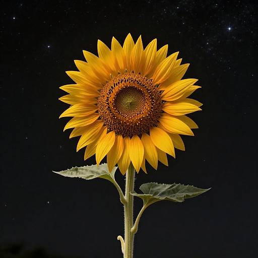 Photograph of vibrant yellow sunflower with brown center, green leaves, and starry night sky background, creating a striking contrast.