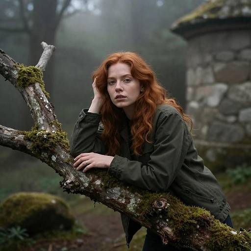 Ethereal Red-Haired Woman in Misty Forest