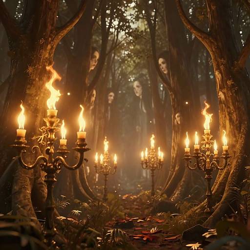 Photograph of a mystical forest scene with four ghostly figures, surrounded by lit, ornate candelabras, casting warm, eerie light among dense