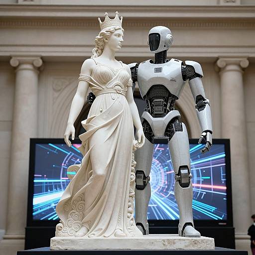 Photograph of a white marble statue of a crowned woman in a flowing gown and a robotic figure standing side by side, with neon light patterns on two
