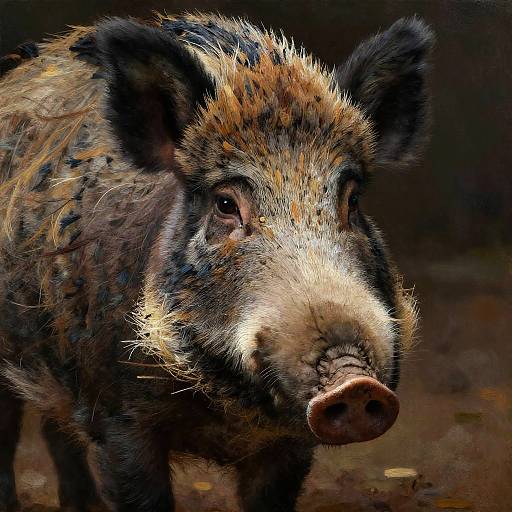 Close-up photograph of a wild boar with bristly brown and black fur, prominent snout, and intense eyes, against a dark, blurry