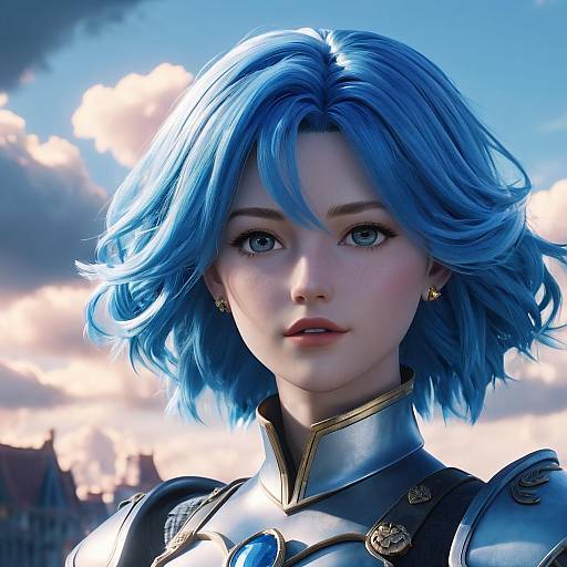 Digital portrait of a blue-haired woman with striking blue eyes, wearing medieval-style armor, set against a bright, cloudy sky. Realistic CGI style.