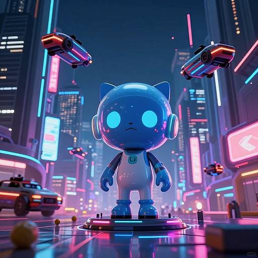 Neon-lit cyber-cityscape featuring a glowing blue robotic cat with large headphones, standing on a circular platform, surrounded by flying drones and colorful,