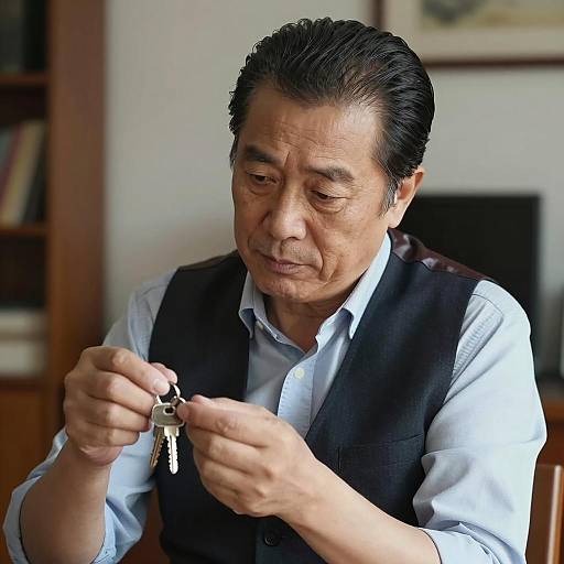 Focused Man with Keys in Soft Lighting