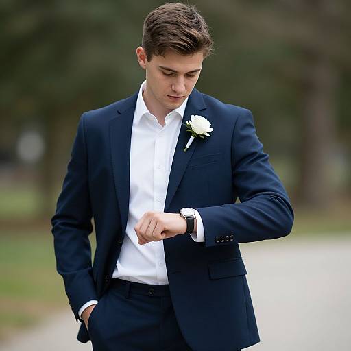 Photograph of a young Caucasian man with short brown hair, wearing a black suit, white shirt, and white rose boutonniere, looking down