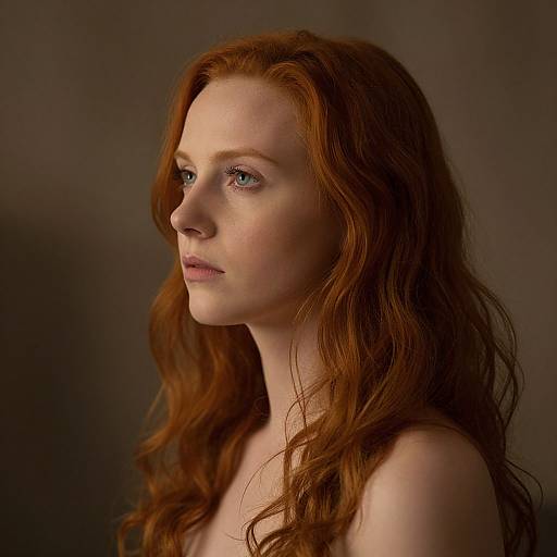 Photograph of a fair-skinned, red-haired woman with wavy hair, blue eyes, and subtle makeup, gazing thoughtfully to the left