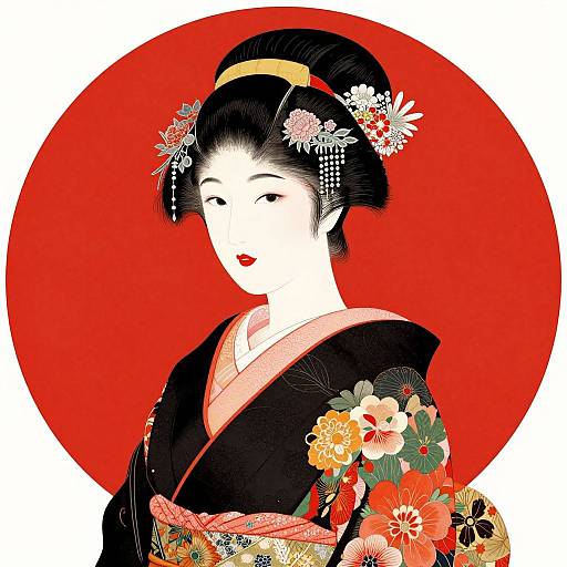 Digital illustration of a Japanese geisha with black hair adorned with flowers, wearing a black kimono with colorful floral patterns, against a bold red circular background