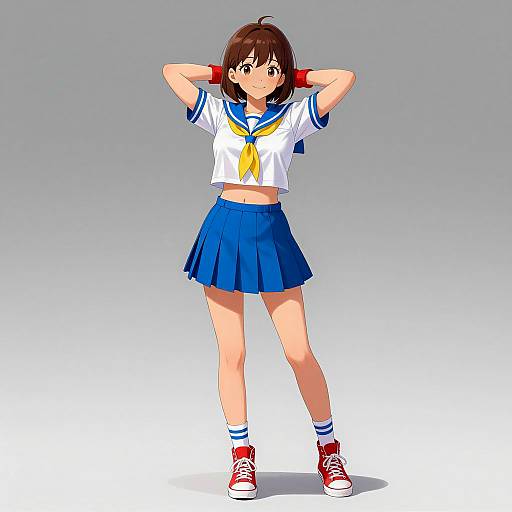 Anime Girl in Sailor Uniform with Red Sneakers