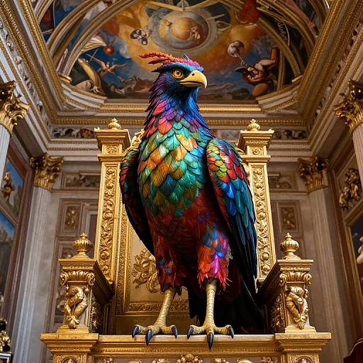 Vibrant, multicolored harpy eagle statue with rainbow feathers stands on ornate golden throne in luxurious, baroque-style church interior. Detailed