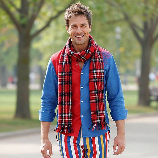 Confident Man in Vibrant Plaid Outfit