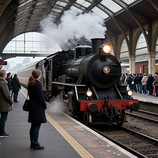 Photograph of a vintage black steam locomotive with white smoke, arriving at a busy, arched-roof train station with passengers.
