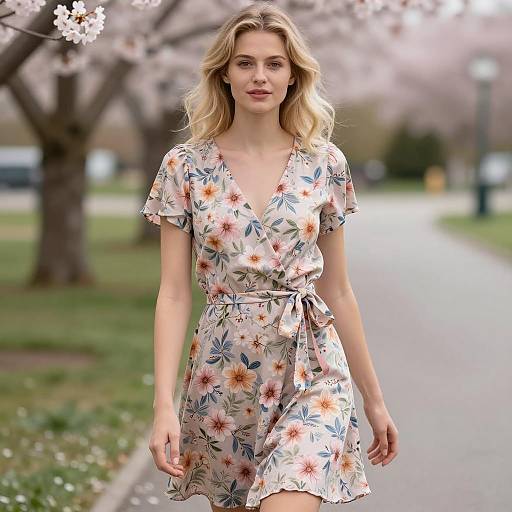 Young Woman in Floral Spring Dress Outdoors