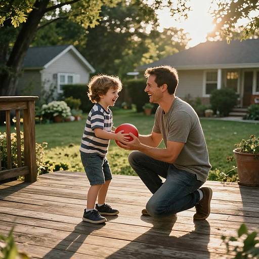 Photograph of a smiling father kneeling on a wooden deck, holding a red ball for his laughing, curly-haired toddler son, sunlight glowing in the background
