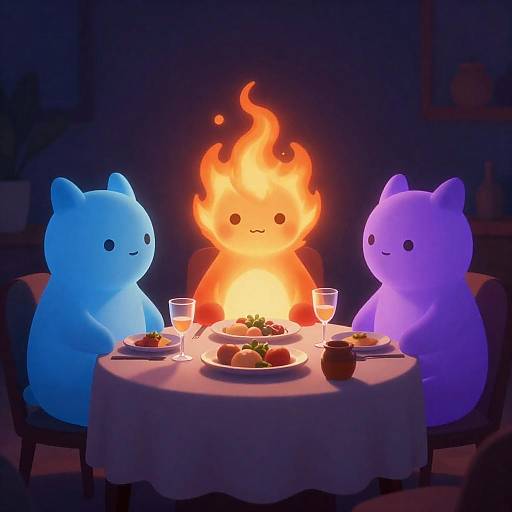 Glowing Trio Dining in Dim Room